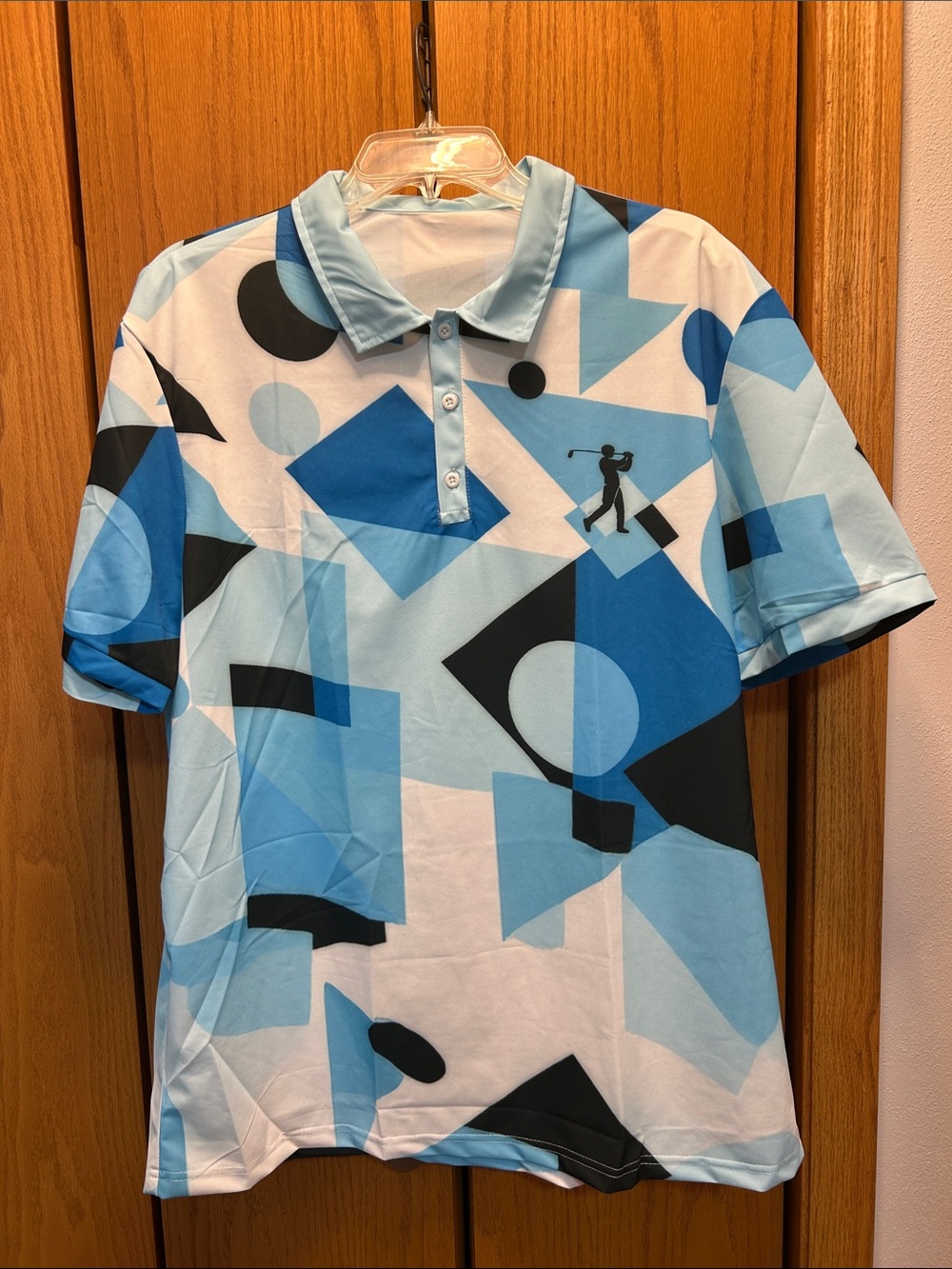 Oufisun Men's Geometric Light Blue Golf Polo with Contrast Accents.  3XL.